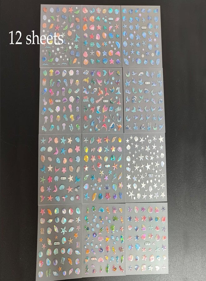OSTTMA 12Sheets Summer Nail Art Stickers Shell Starfish Nail Stickers Cute Jellyfish Mermaid Nail Art Design 3D Self Adhesive Marine Life Nail Decals Summer Sea Theme Nail Supplies for Women Manicure Decor - Image 5